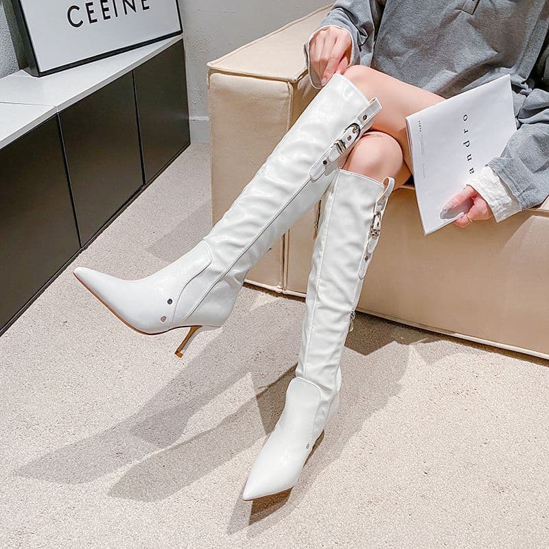 2024 Autumn/Winter New Rivet Buckle High Boots Women's Trendy Pointed Thin Heel Slim Boots Side Zipper Boots