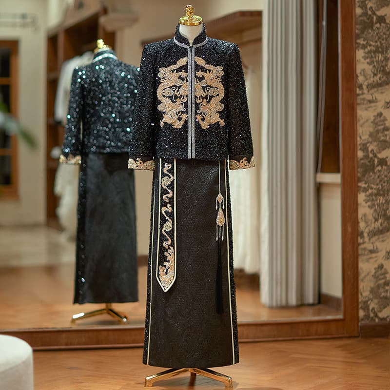 2025 New Groom Toast Dress Men's Wedding Attire Chinese Style Dragon and Phoenix Gown for Wedding Reception and Bridal Procession