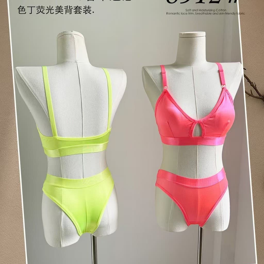 Fluorescent Color Backless Bra Set Shiny Brazilian Panty Thin Satin Bikini Sexy Lingerie Set