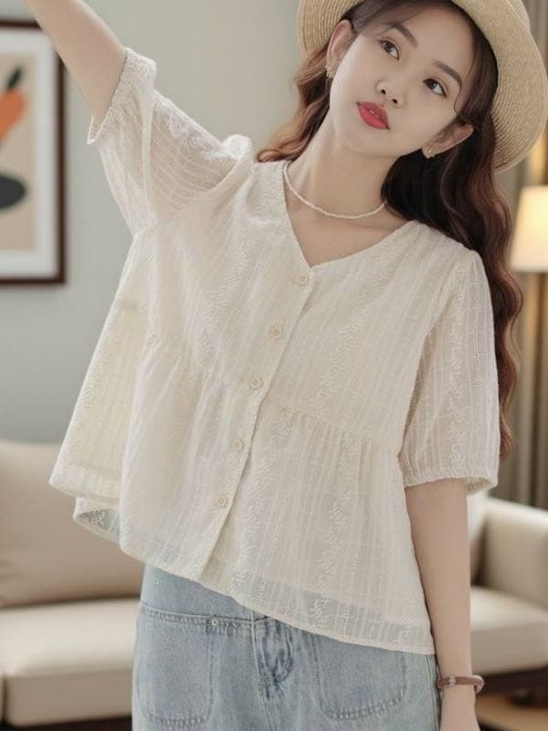 Fresh Korean-style Jacquard Short-Sleeve Blouse for Women, New Summer Design, French-Style Top with Doll Shirt Chic