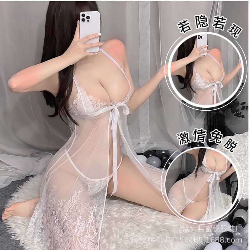 Plus Size Transparent Lace Pajama Set for Women, Lingerie Camisole Nightgown, Hot Side Slit Easy-Off Sexy