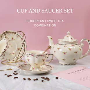 European Vintage Rose Ceramic Coffee Cup Saucer and Teapot Set, English Afternoon Tea Set Large Cup with Spoon