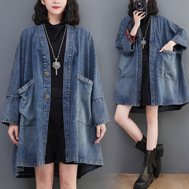 Retro V-neck denim jacket with pockets, new autumn style, loose fit, oversized, mid-length trench coat.