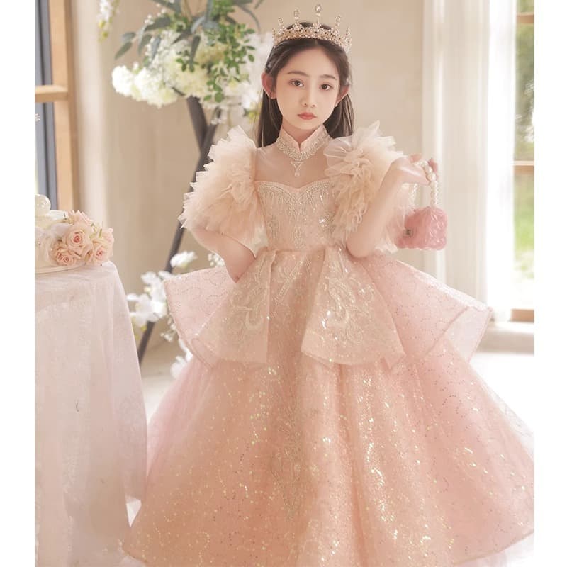 Girls' dress pink catwalk high-end host piano performance clothing children's birthday party princess dress flower girl summer
