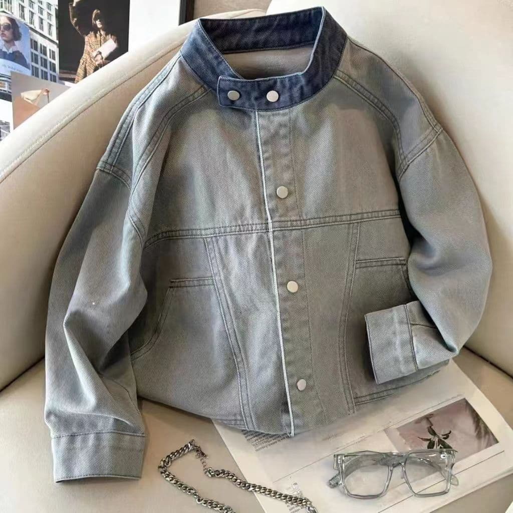 Korean Children's Retro Stand Collar Denim Jacket 2026 Spring/Autumn Kids Casual Coat Top