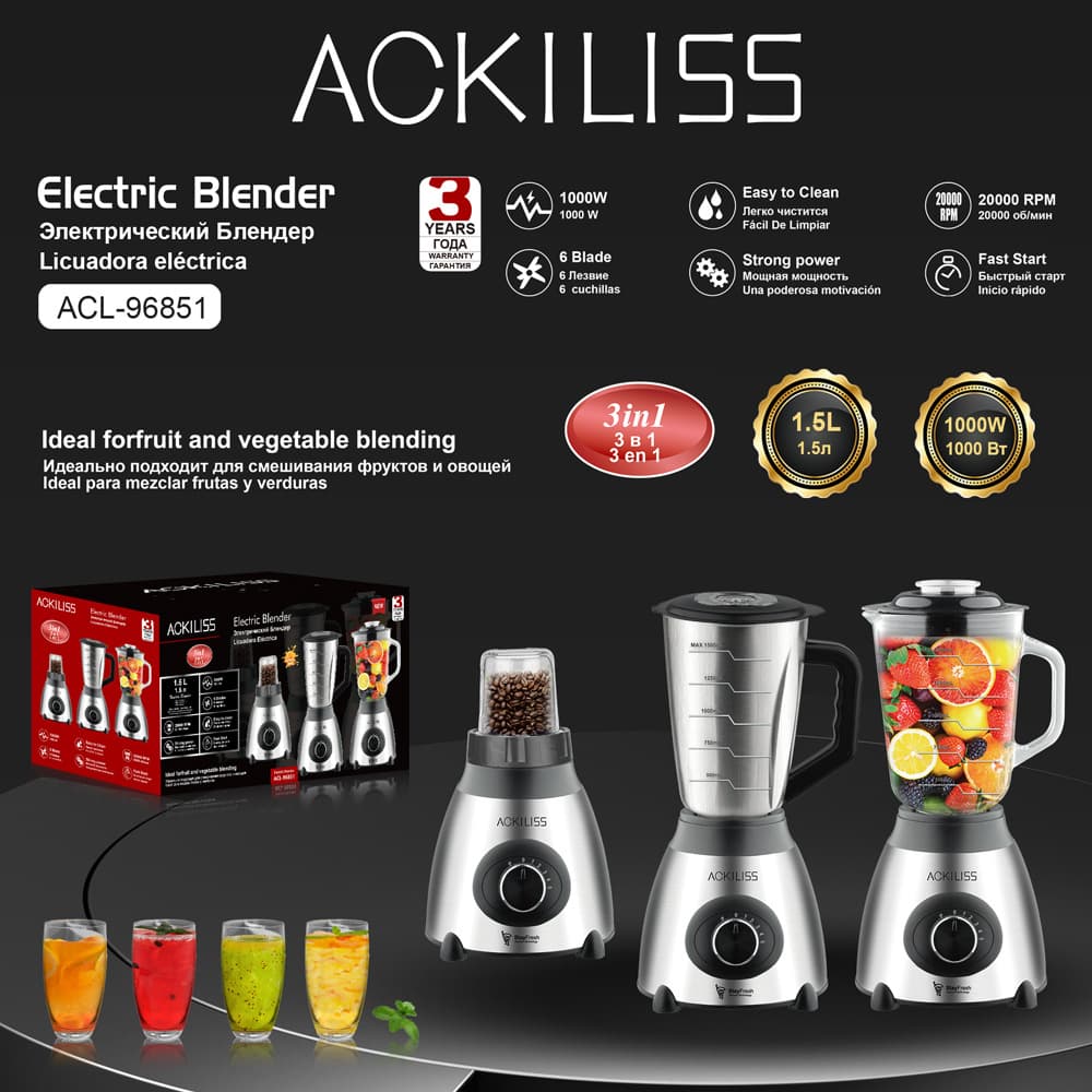 ACKILISS EU 3-in-1 Food Processor 1.5L Blender Fruit and Vegetable Juicer Home Juice Mixer Baby Food Maker