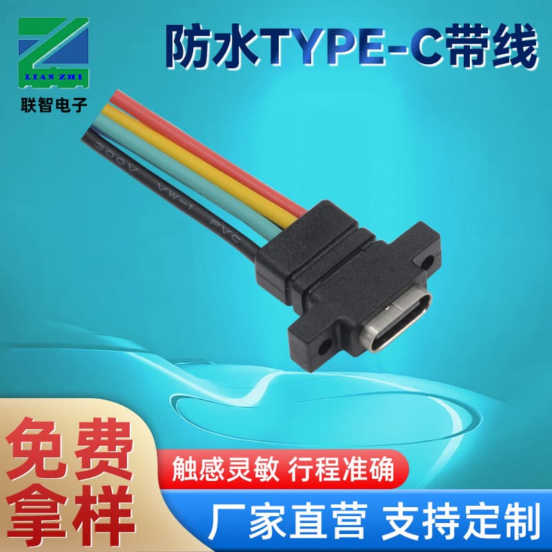 TYPE-C 6P Waterproof Female Socket, Six-Core PD Fast Charging USB 3.1 Interface with Screw Holes, Dual-Ear Injection Molded with Cable Female Socket