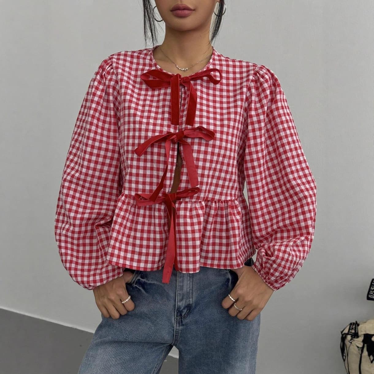 New Cross-Border Plaid Print Bow Tie Sweet Blouse for Women