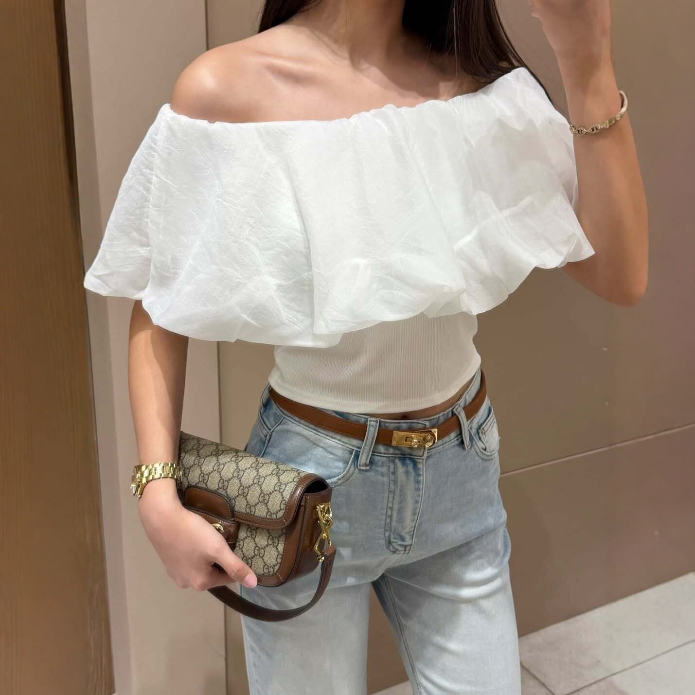 2026 Cross-Border European and American Off-Shoulder Chiffon Top Women's Bare Shoulder Design Short Top Slim Fit Pure Desire Style Fashion