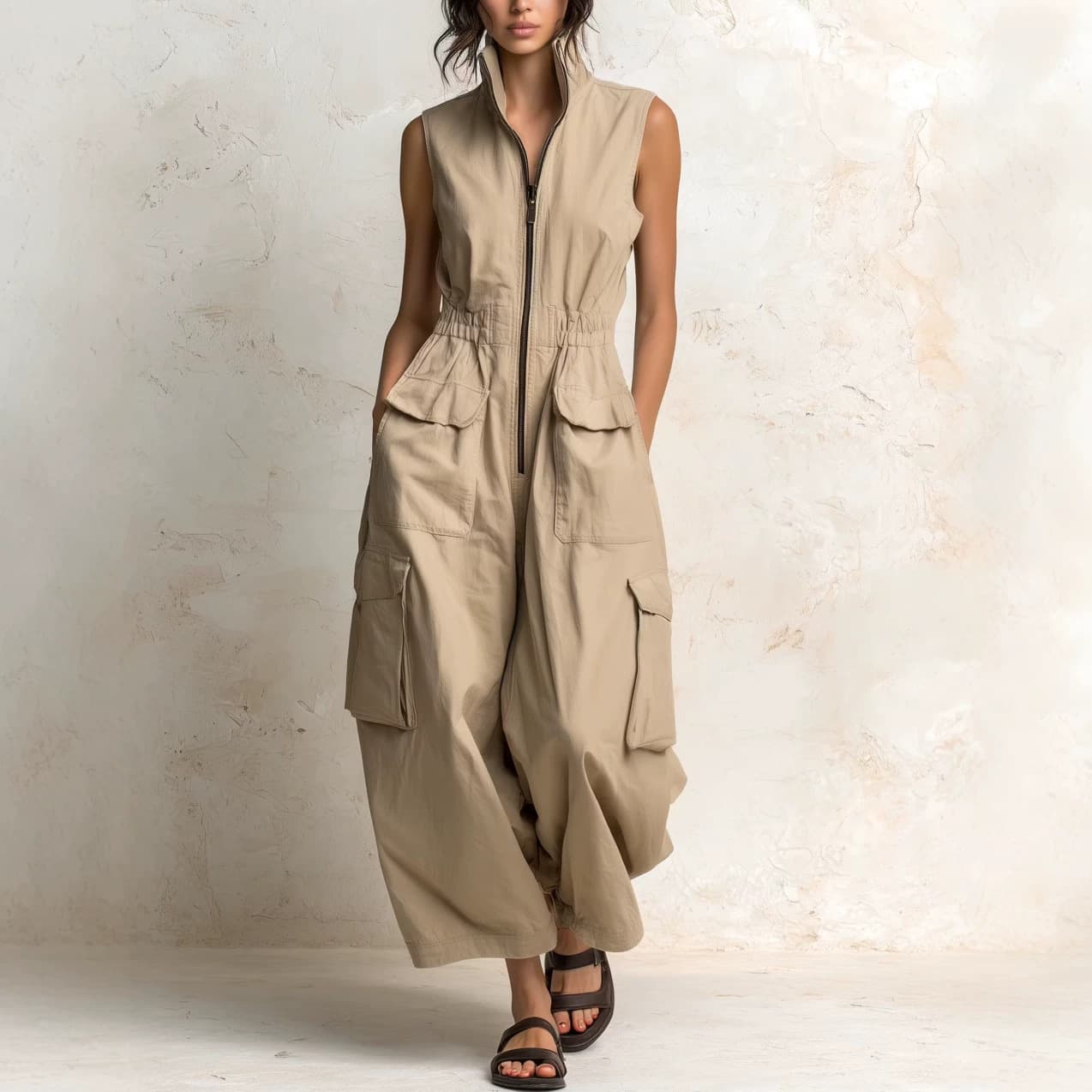 2026 EU/US Cross-Border Thin Sport Casual Straight-Leg Loose Wide-Leg Pants with Zipper Sleeveless Jumpsuit Workwear