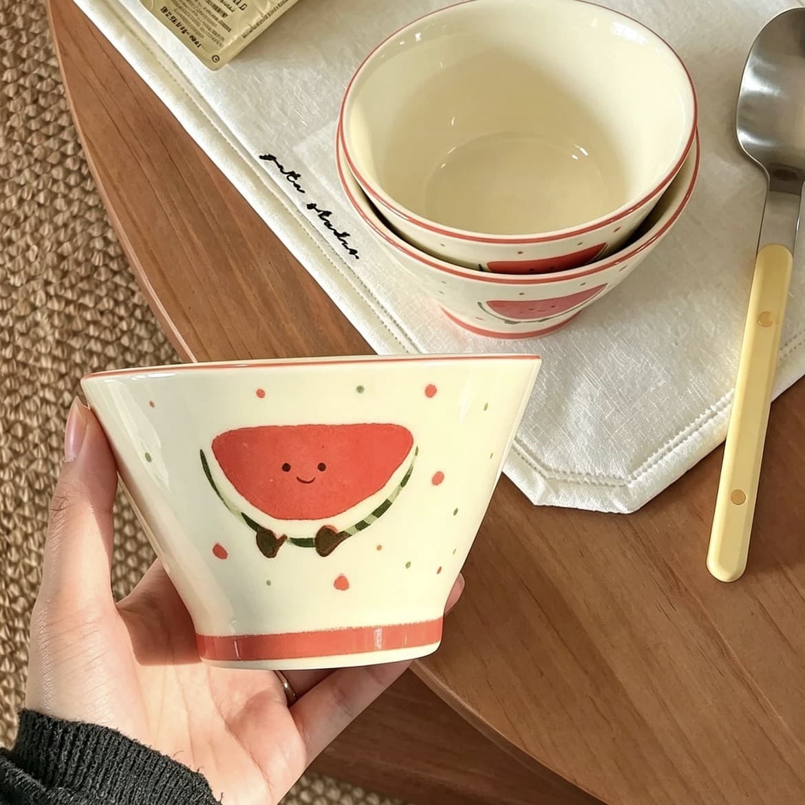 Fruit croissant ceramic bamboo hat bowl household cute noodle bowl tall bowl rice bowl large bowl ramen bowl underglaze color