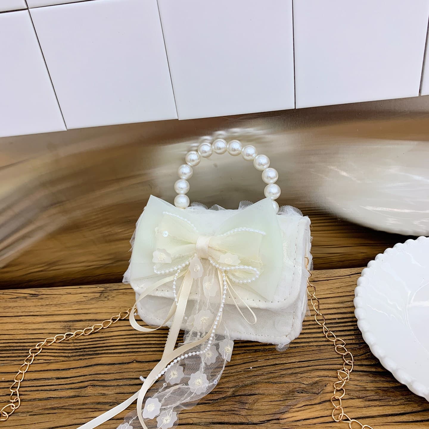 Princess Single Shoulder Bag Pearl Handle Girl Crossbody Bag 2025 Mini Kids Bow Chain Bag 2025 New