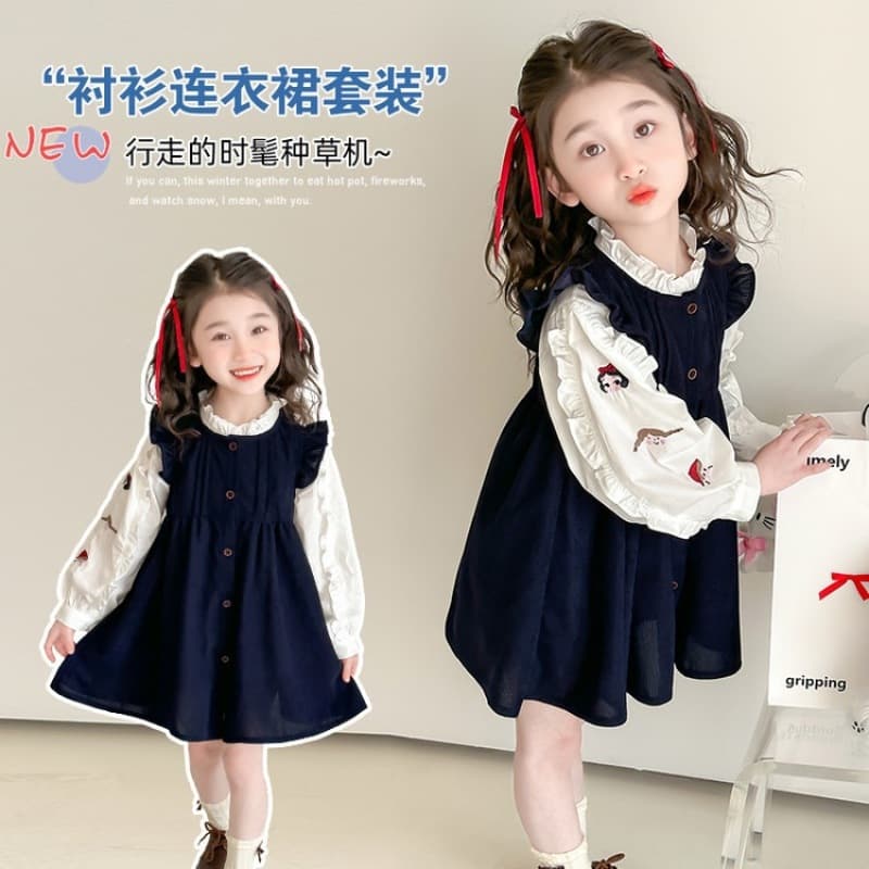 Girls shirt dress suit autumn new fashionable long-sleeved two-piece baby girl spring and autumn travel outfit