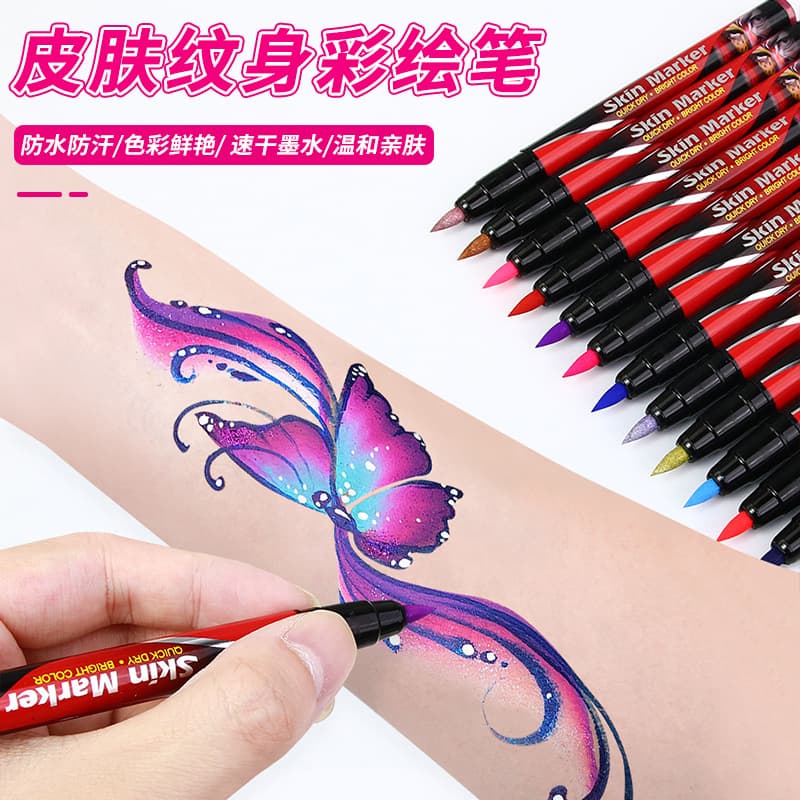 Cross-border Tattoo Body Art Marker Pen Metallic Fluorescent Colors Washable Skin Paint Brush for Face and Body Temporary Makeup