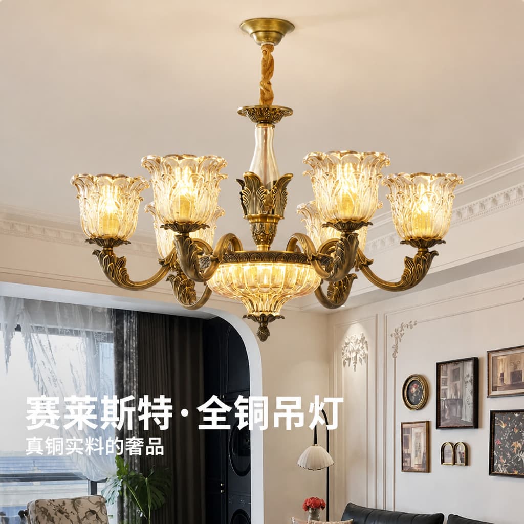 Solid Brass American Vintage French Retro Living Room Chandelier Luxury Brass High-End Crystal Bedroom Study Dining Room Pendant Light