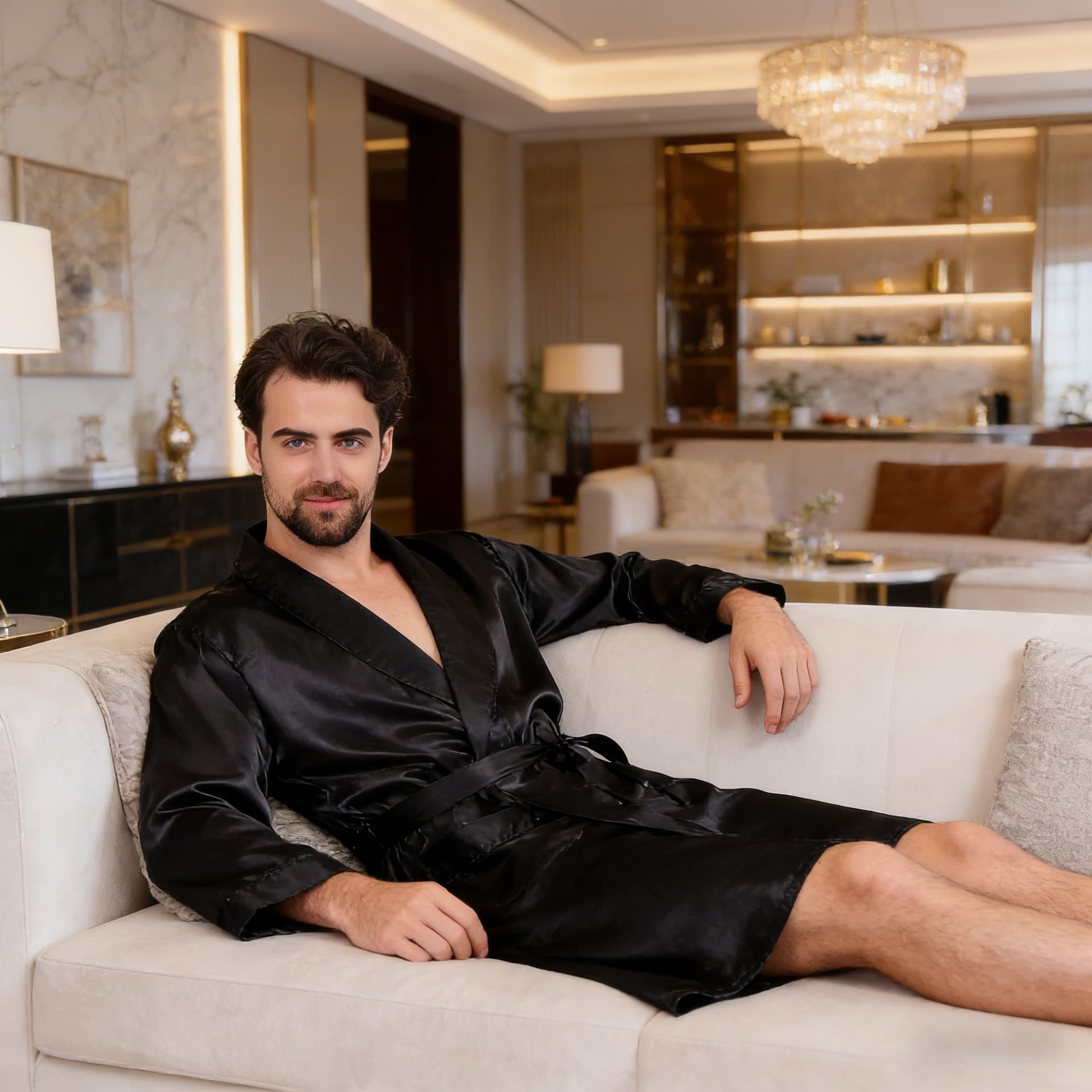 Luxurious Men's Silk Nightgown, Summer Thin Long-Sleeved Kimono-Style Bathrobe, Lightweight, Large Size, Soft and Breathable for Home Sleep
