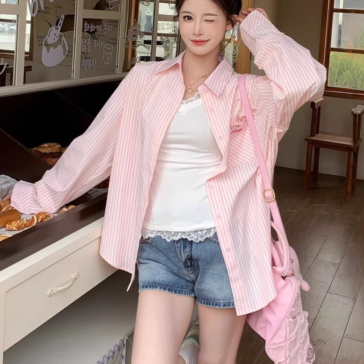 Embroidered pink striped shirt for women Korean style POLO collar new thin loose sun protection shirt long-sleeved casual shirt for women