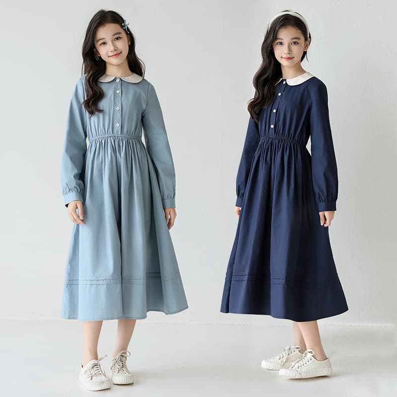 Girls' Dress for Older Children Spring Autumn Long Sleeve Peter Pan Collar Dress 2025 New Kids School Style Long Dress
