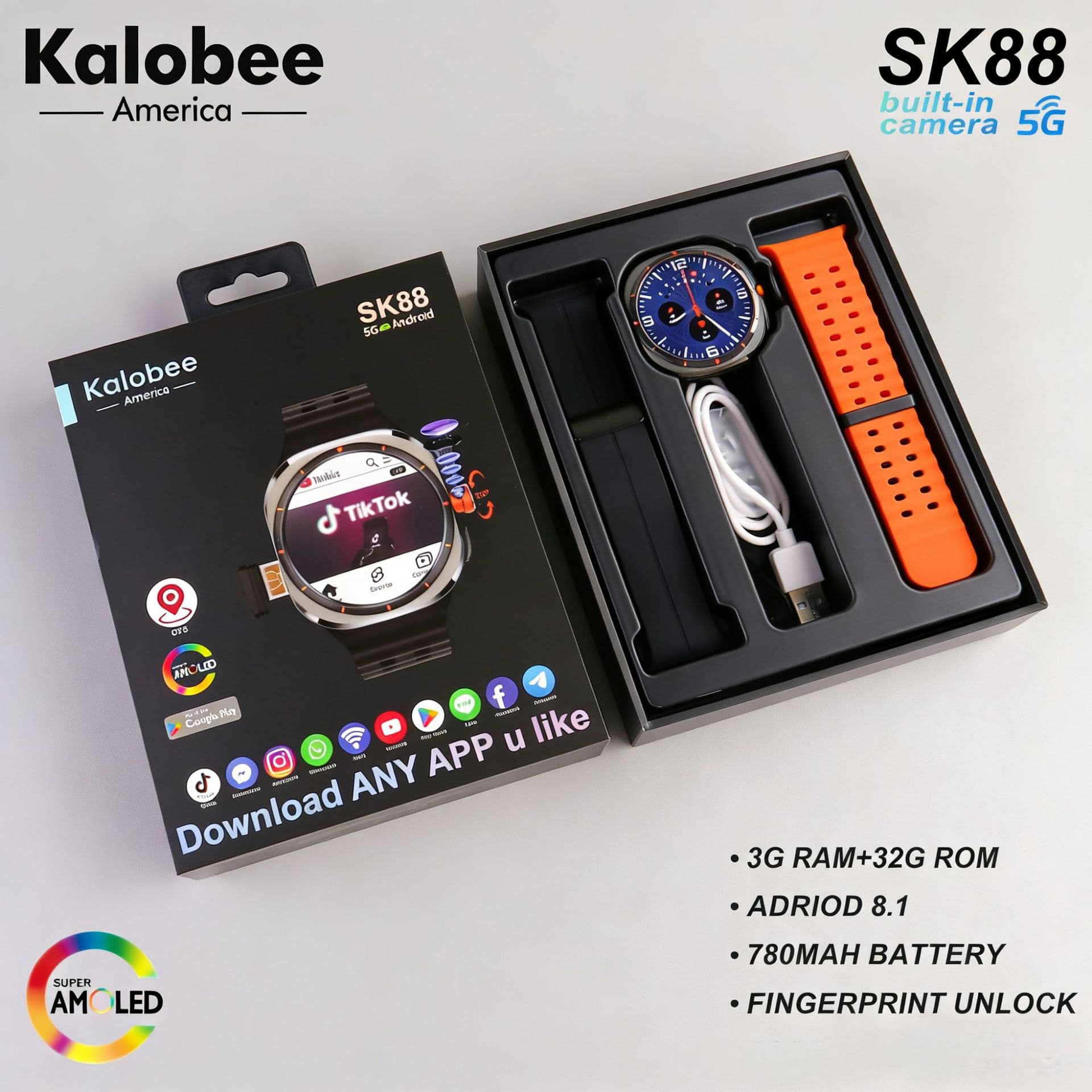 Cross-border exclusive supply of SK88 smart watch, global band 4G plug-in card, Amoled rotating camera GPS watch
