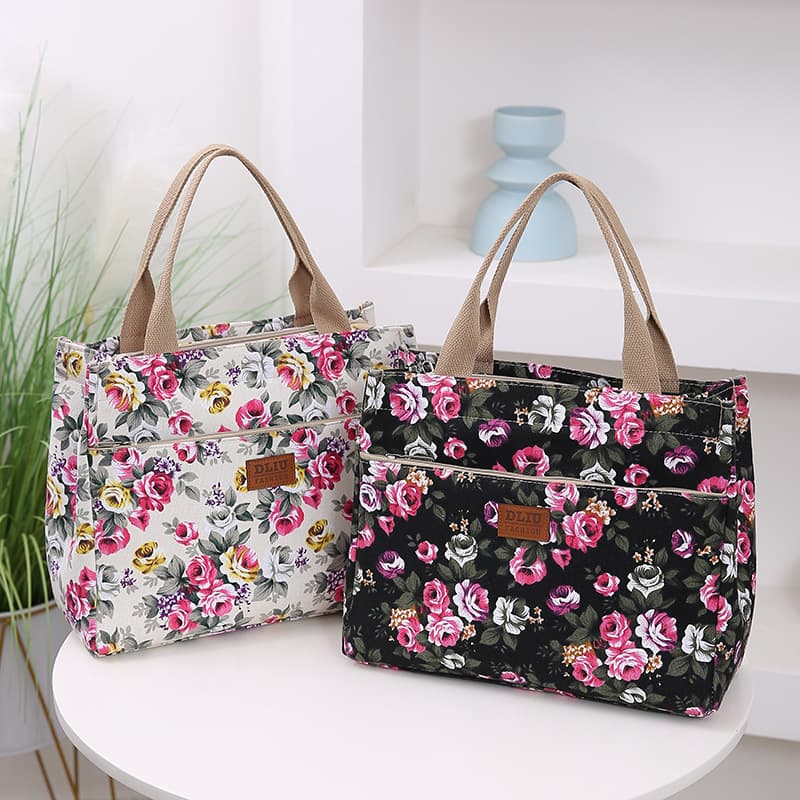 Large Canvas Tote Bag Working Professional File Bag Ethnic Style Handbag High Capacity Document Bag Floral Print Contrast Color Zipper Closure