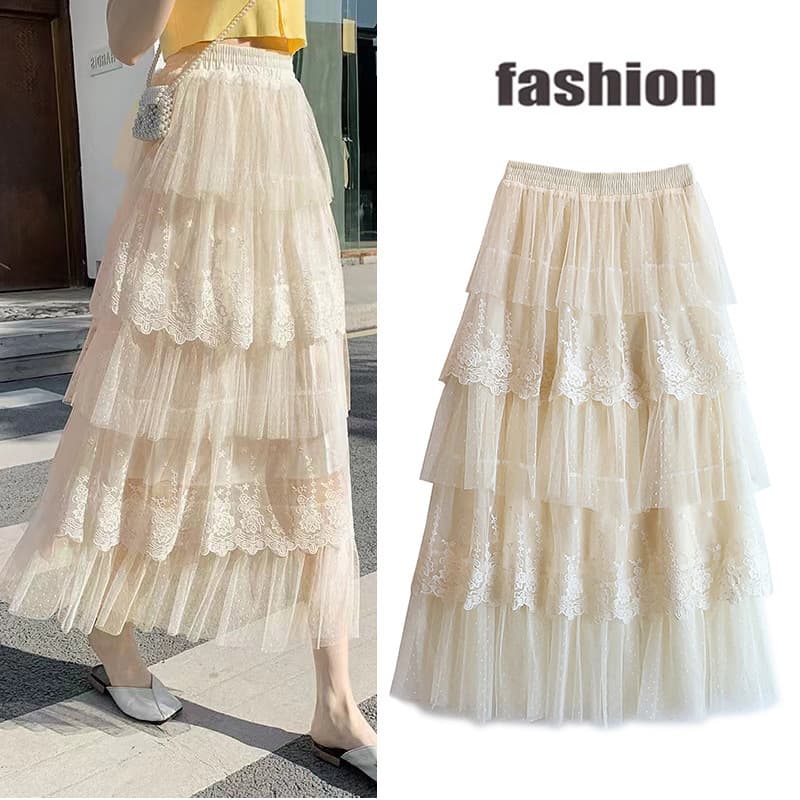 French lace splicing skirt fairy gauze skirt 2024 summer new umbrella skirt mid-length embroidered cake skirt