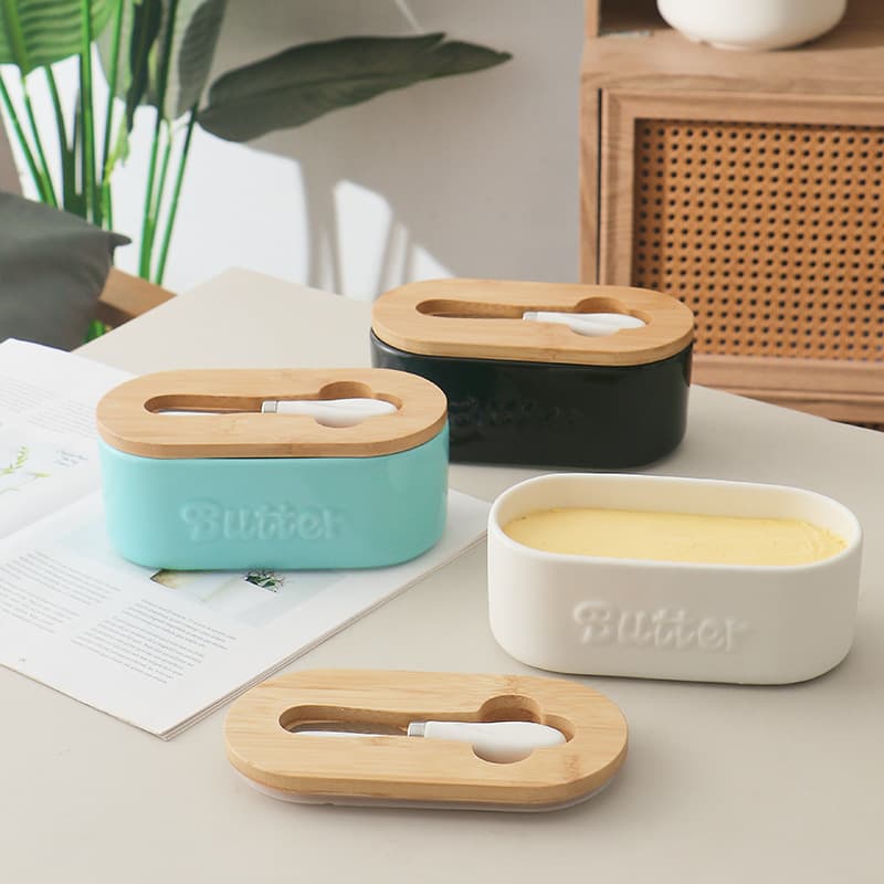 Oval Butter Dish Ceramic Butter Keeper Cross-Border Drop Shipping Sealed Storage Box Western Cheese Box with Knife