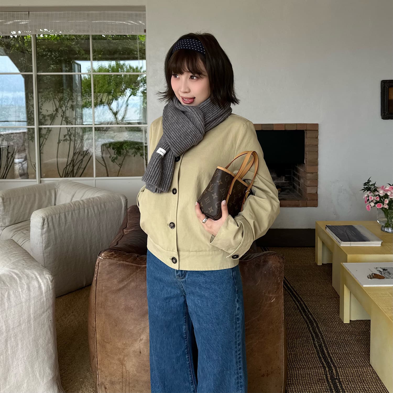 Our2 [Light Windbreaker Jacket] New Autumn Khaki Short Loose-Fit Stand-Collar Jacket Coat for Women