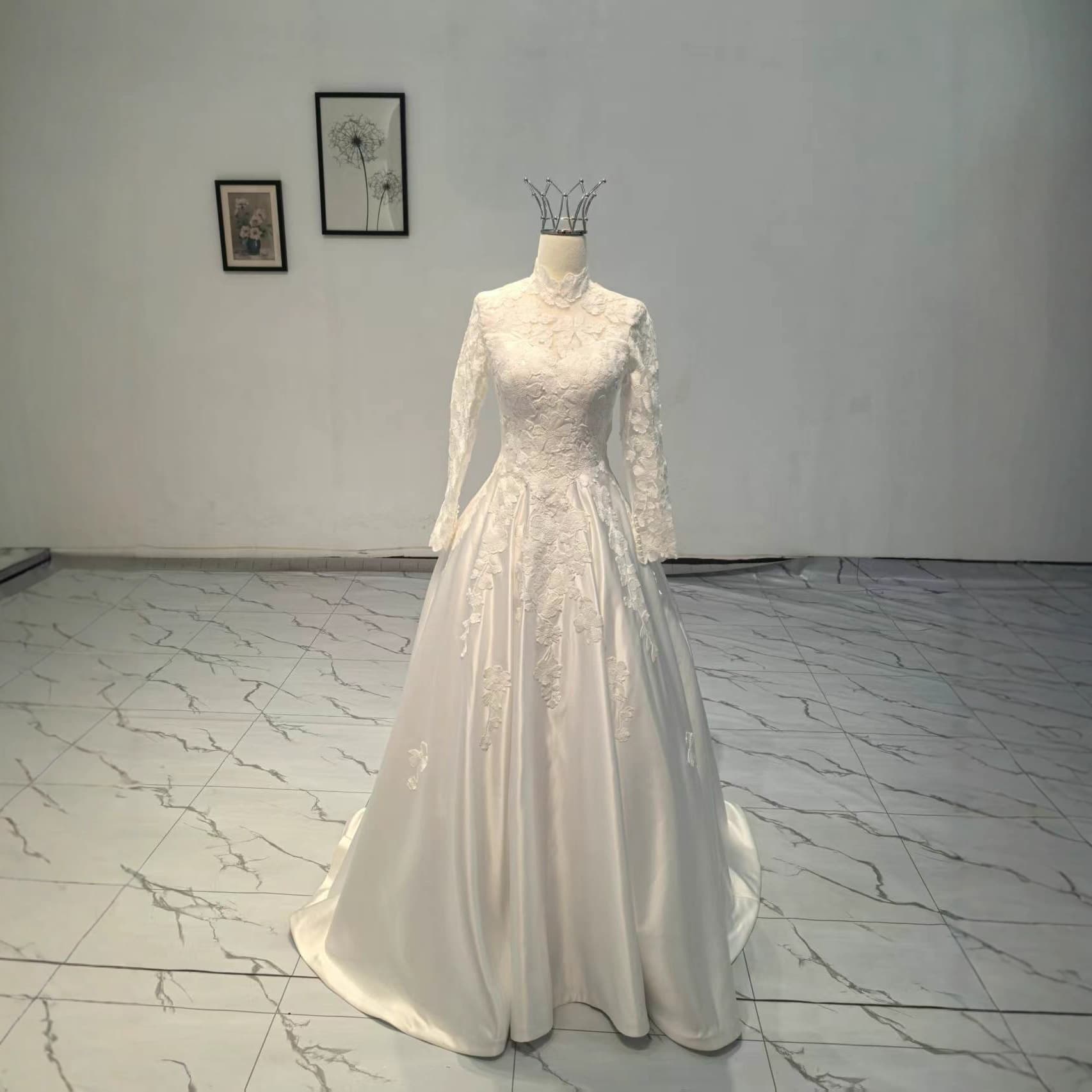 High Neck Lace Satin Wedding Dress 2026 New Collection A-Line Skirt Premium Quality Going-Away Dress Custom Long Sleeve
