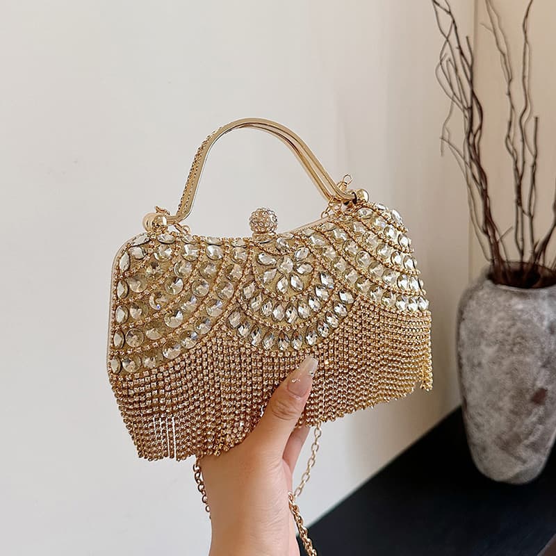 2026 New Cross-border European and American Rhinestone Evening Bag with Fringe Handbag, Fashionable Socialite Banquet Shoulder Bag