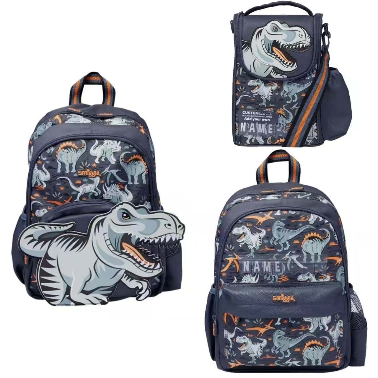 Australia Smiggle Kids Large Capacity Backpack Orange Gray Webbing T-Rex Combo Set Series