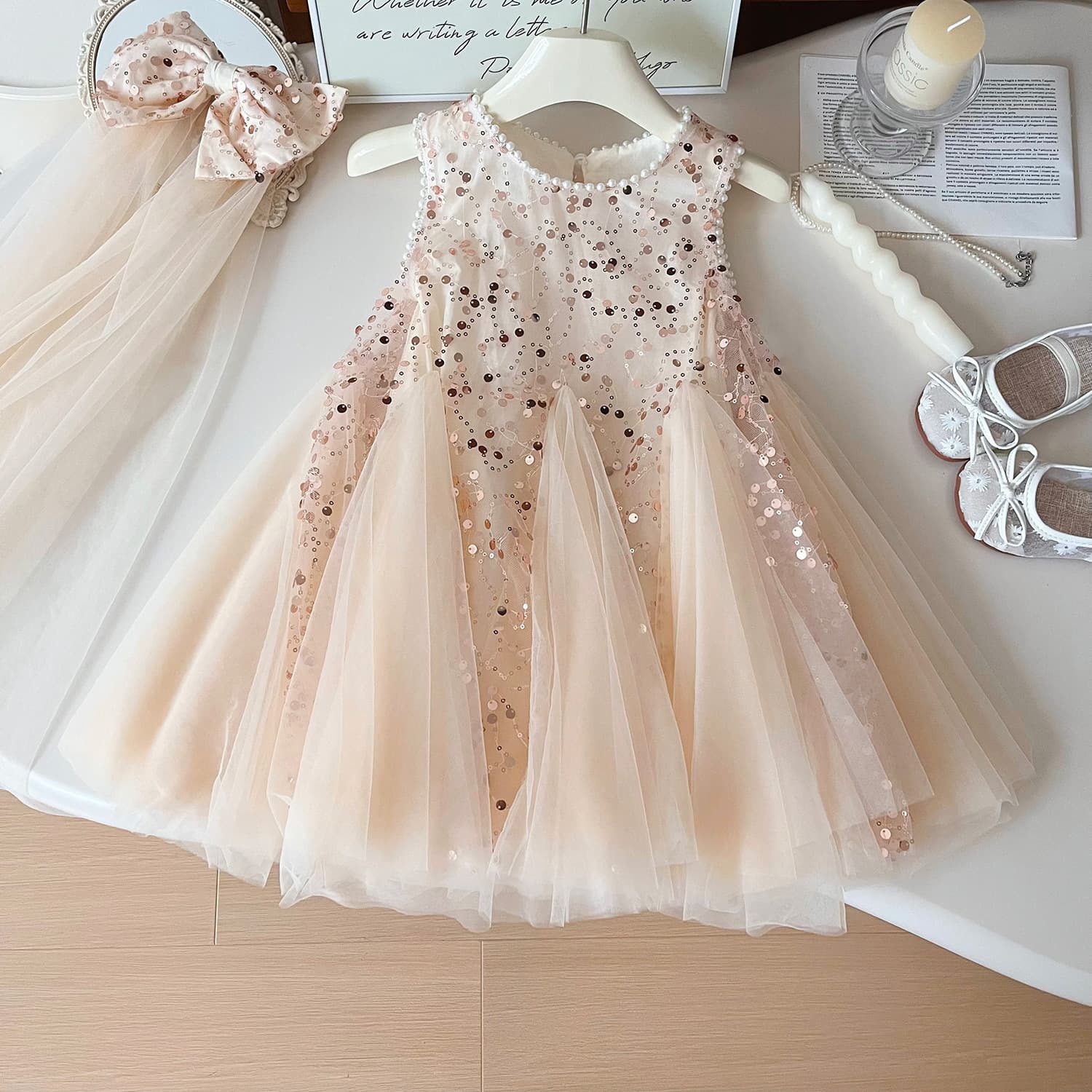 2025 Summer New Korean Style Girls' Sequined Sleeveless Dress, Girl's Sequined Mesh Princess Dress 24329