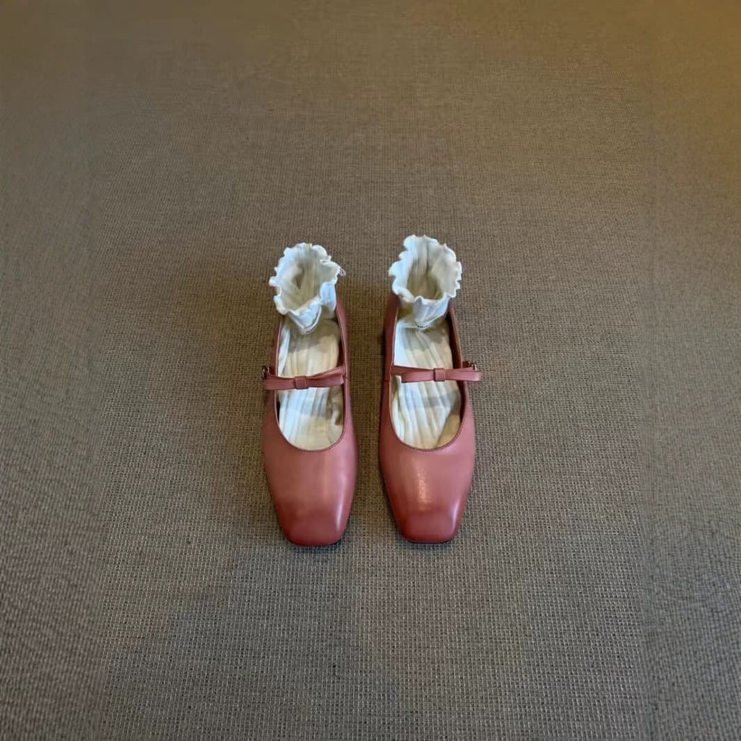 French Pink Mary Jane Flat Bottom Shoes Women's Spring 2025 Versatile Butterfly Knot Square Head Single Shoes Leather Insole