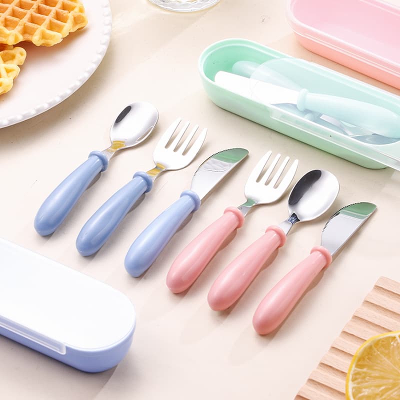 Portable Stainless Steel Baby Feeding Training Utensils Set Cute Toddler Spoon Fork No Choking Durable Child Dinnerware