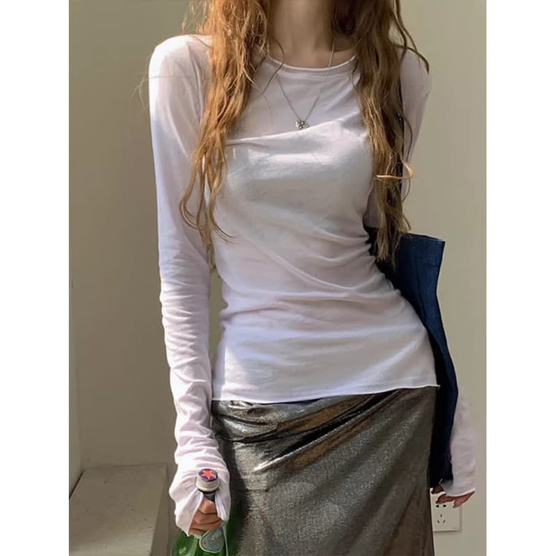 White Base Layer Top for Women, Thin Slightly Sheer Long Sleeve T-Shirt, Sun Protection Cover-Up, Spring 2026, Slim Fit, Simple Top