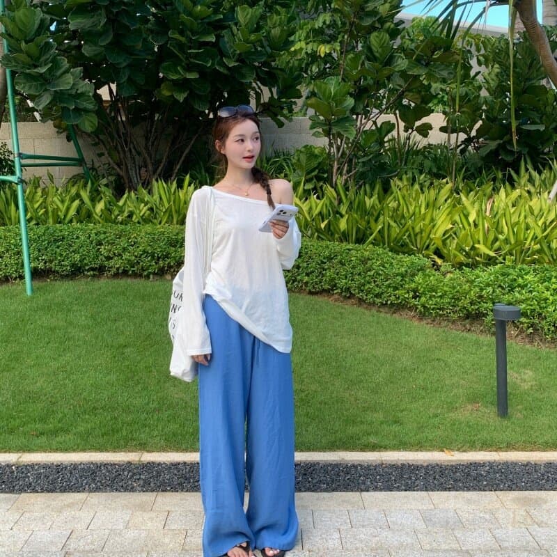 High-Waist Wide-Leg Pants for Women Summer Thin Fabric Flowy Loose Slimming Straight-Leg Floor-Length Casual Trousers for Petite
