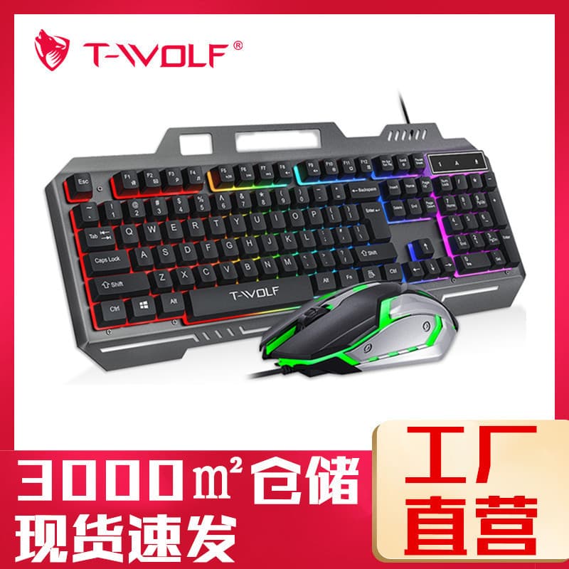 T-WOLF Thunder Wolf TF600 Keyboard and Mouse Set Wired USB Illuminated Keyboard Steel Plate T16 Keyboard