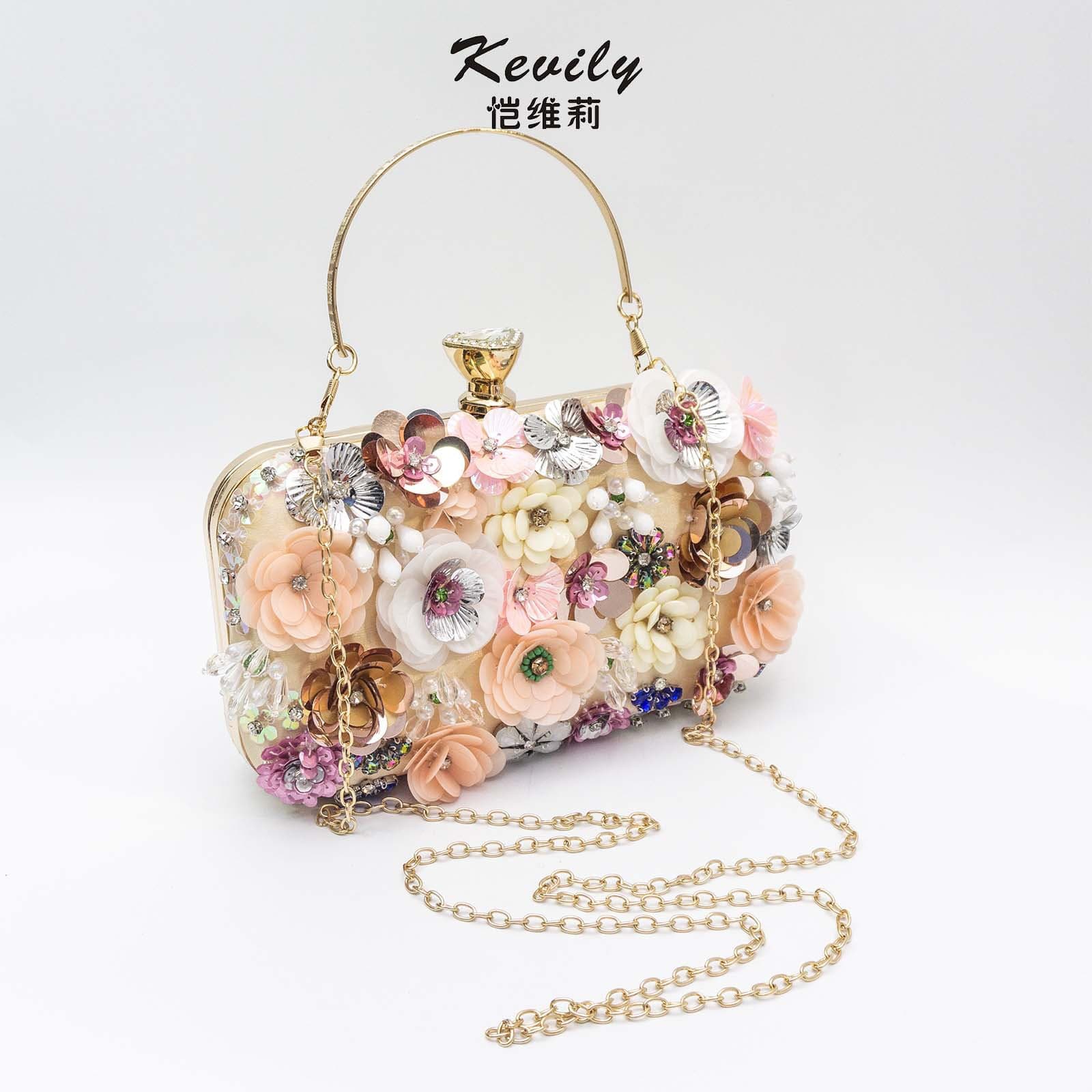Kaiweili Colorful Diamond Sequin Flower Evening Bag, Amazon Hot Selling Handbag, Cheongsam Dress Bag, Beaded Chain Bag