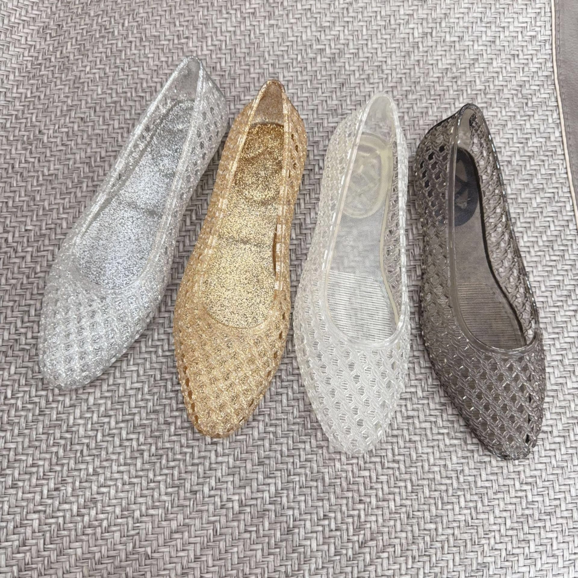 Summer Hollow Flat Crystal Toe-Covered Single Shoes Cross-border Transparent Low-Cut Beach Sandals Pointed-Toe Jelly Shoes for Women