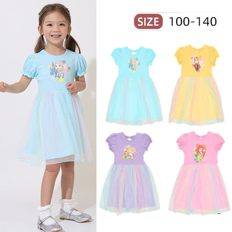 New Girls Princess Dress Cotton Mesh Summer Baby Cartoon Short Sleeve Hollow Bow Dress