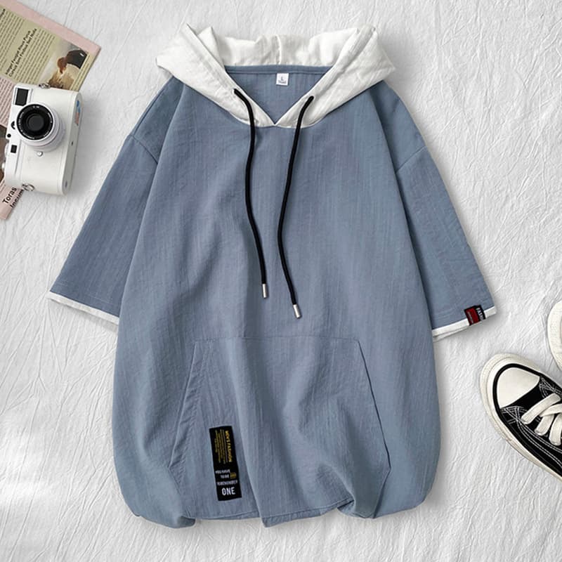 Short Sleeve Hoodie Men's Summer Trendy Loose Japanese Style Top Half Sleeve T-Shirt