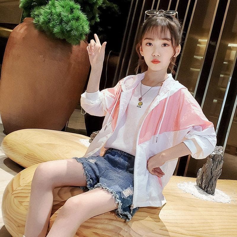 Girls Sun Protection Jacket Summer 2021 Korean Style New Medium and Large Children Fashionable Thin Breathable Outerwear Kids Skin Coat