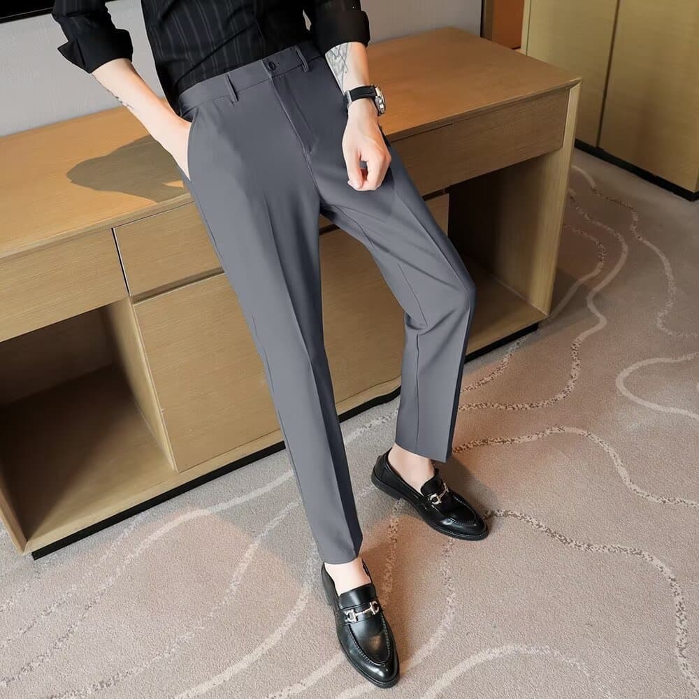 Spring and Summer Elastic Waistband Slim-Fit Cropped Suit Pants for Young Men, Business Casual Gray Long Pants for Men