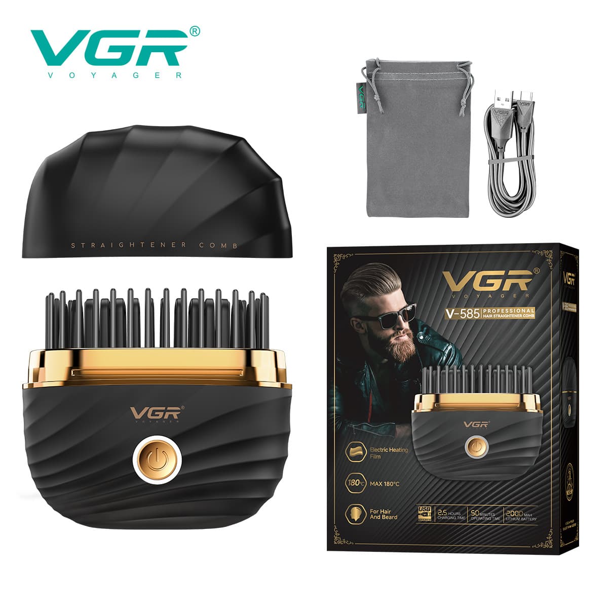VGR585 Cross-Border New Portable Beard Comb, 2-Temperature Control, Home Use, Hair-Friendly, USB Rechargeable Comb