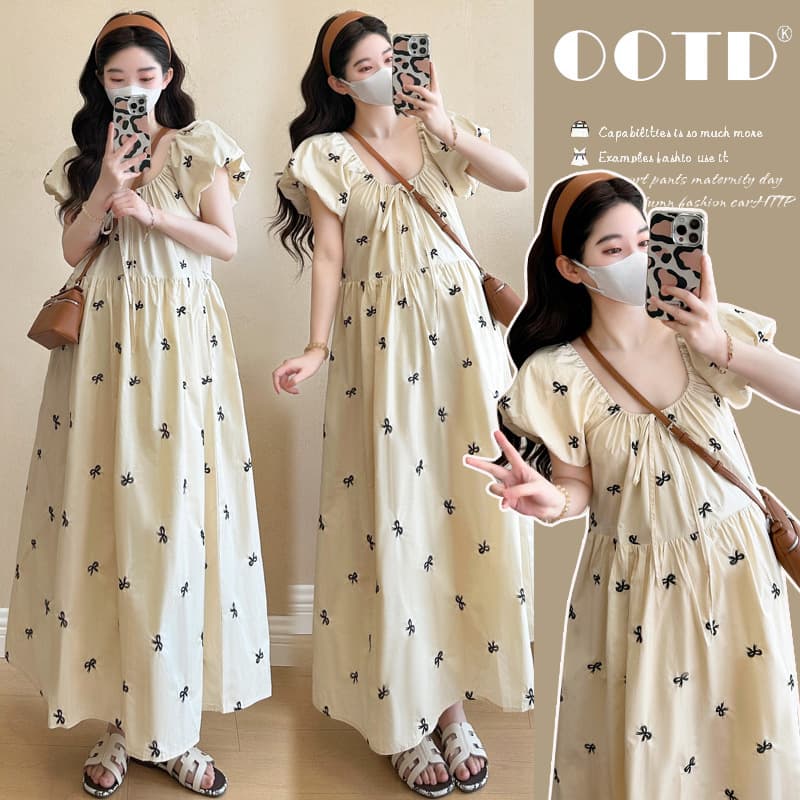 2026 Summer Maternity Dress Tea Party French Puff Sleeve Age-Defying New Korean Style Slimming Fashion Maternity Dress