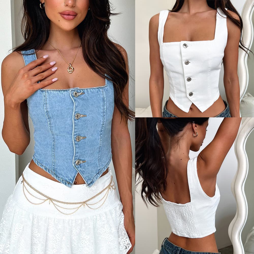 Cross-border Denim Vest European and American New Arrival Elegant Fashion Women's Vest Button-down Solid Color Camisole Top 3746