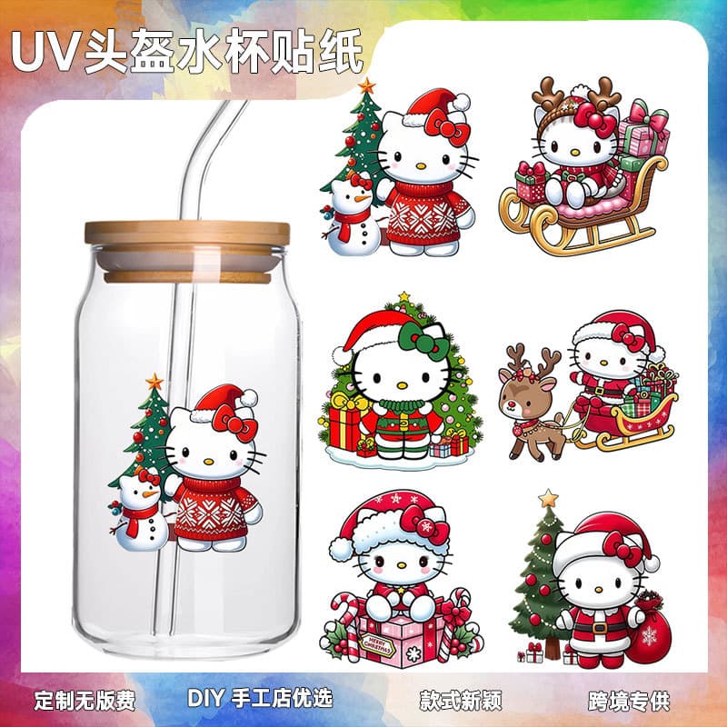 Sanrio Christmas Cute Kitten UV Transfer Sticker Transparent Crystal Decal Waterproof Decorative Sticker for Glass Cups