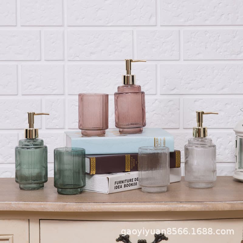 Bathroom Press-Type Glass Dispenser Soap Bottle with Vertical Stripes, Sample Room Bathroom Decorative Ornament