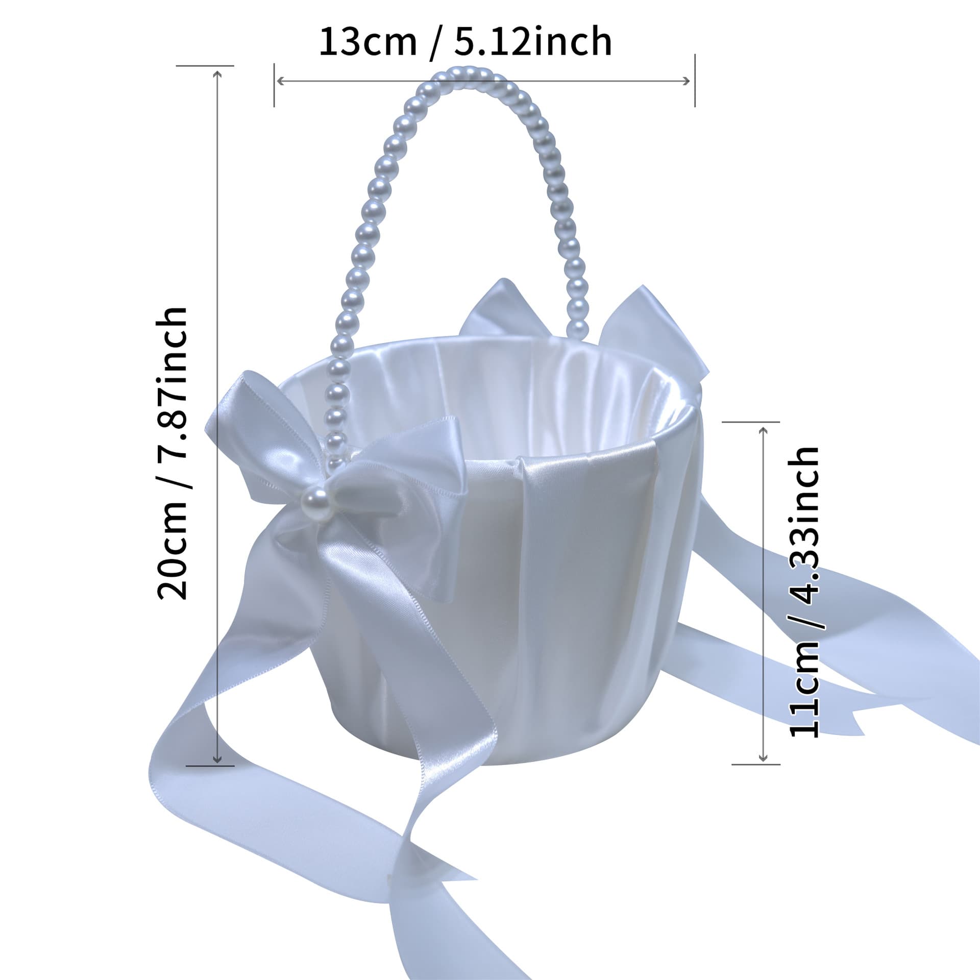 White Flower Girl Basket with Pearl Flower Knot, Wedding Basket Handheld Flower Basket
