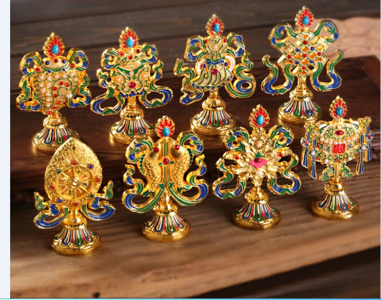 Eight Auspicious Symbols Ornament Set, Gilded Eight Treasures, Home Offering Set (8 Small Sizes)