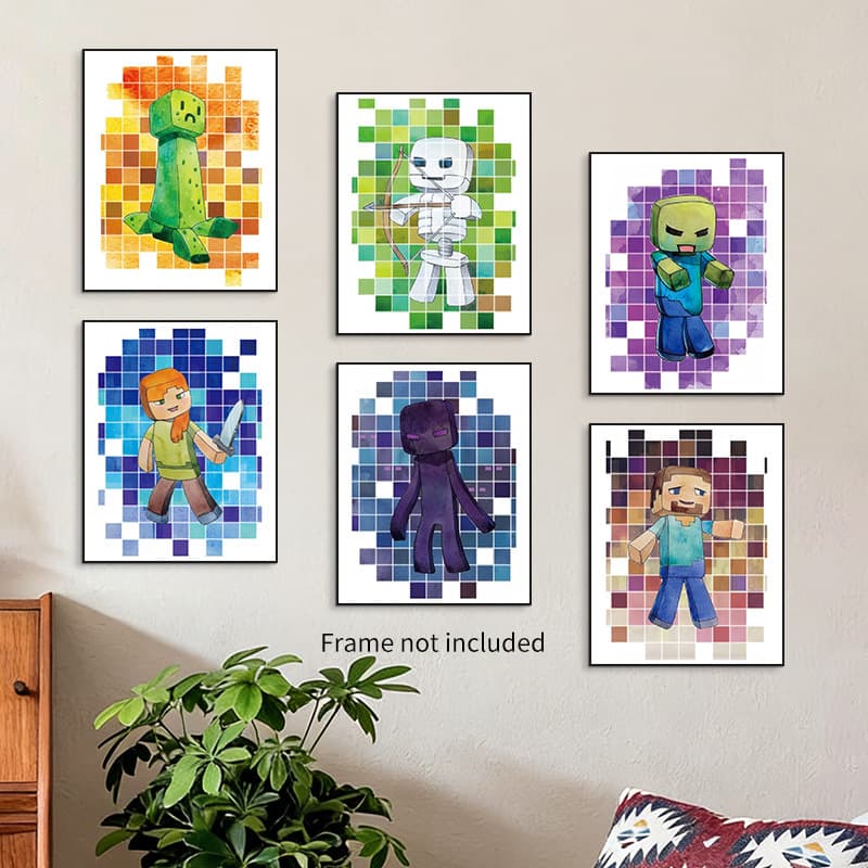 Cross-border Game Theme Minecraft Miner Pixel Canvas Poster Art Print, Boys Game Room Decorative Art Print